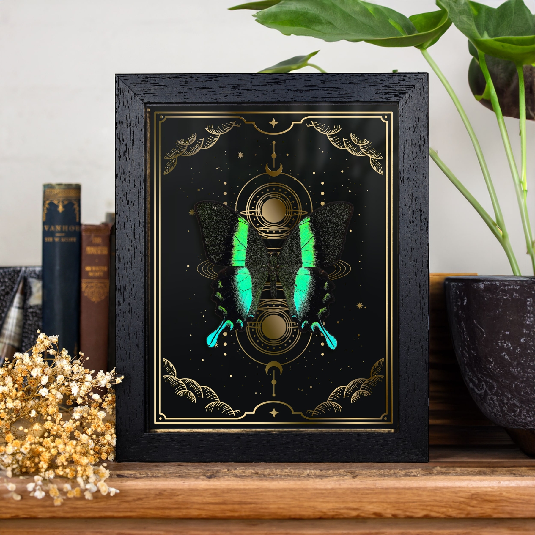 The Peacock Butterfly on Gold Foil Moon Phases Background