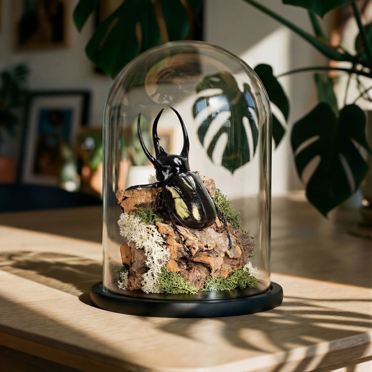 Huge Atlas Beetle In Glass Dome (Chalcosoma chiron chiron)