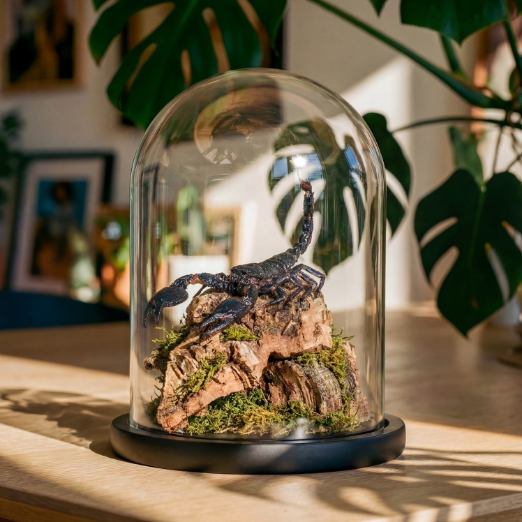Giant Forest Scorpion In Still Life Glass Dome (Heterometrus sp)