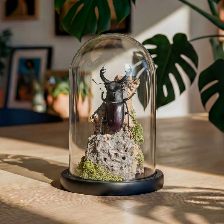 Fork-horned Stag Beetle Still Life Glass Dome (Hexarthrius mandibularis)