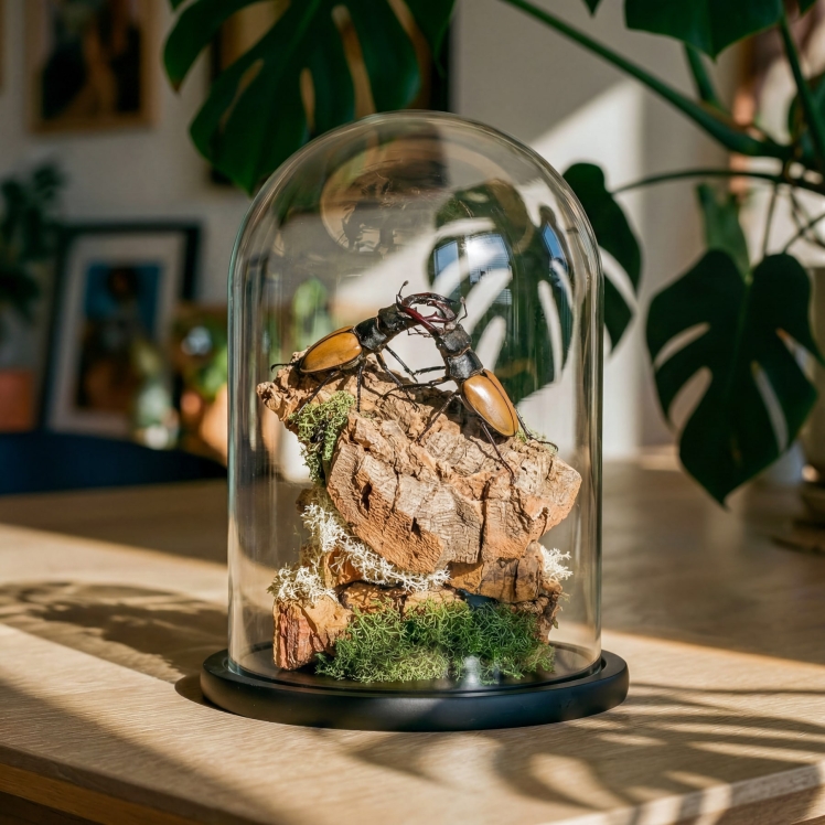 Stag Beetle In Still Life Dome (Odontolabis lacordairei)
