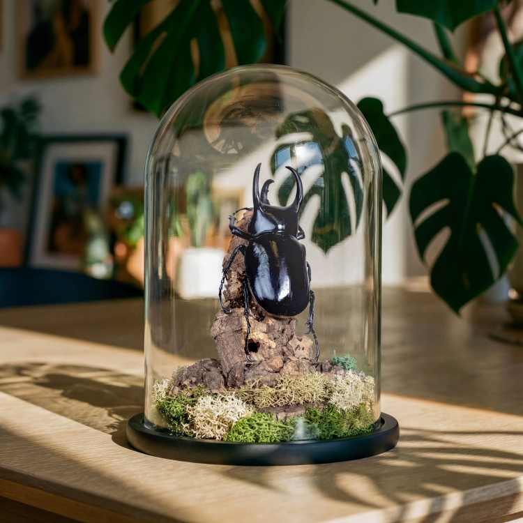 Huge Atlas Beetle In Glass Dome (Chalcosoma chiron belangeri)