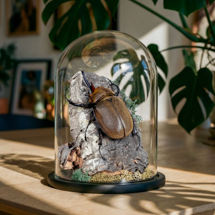 Elephant Beetle Still Life In Glass Dome (Megasoma elephas)