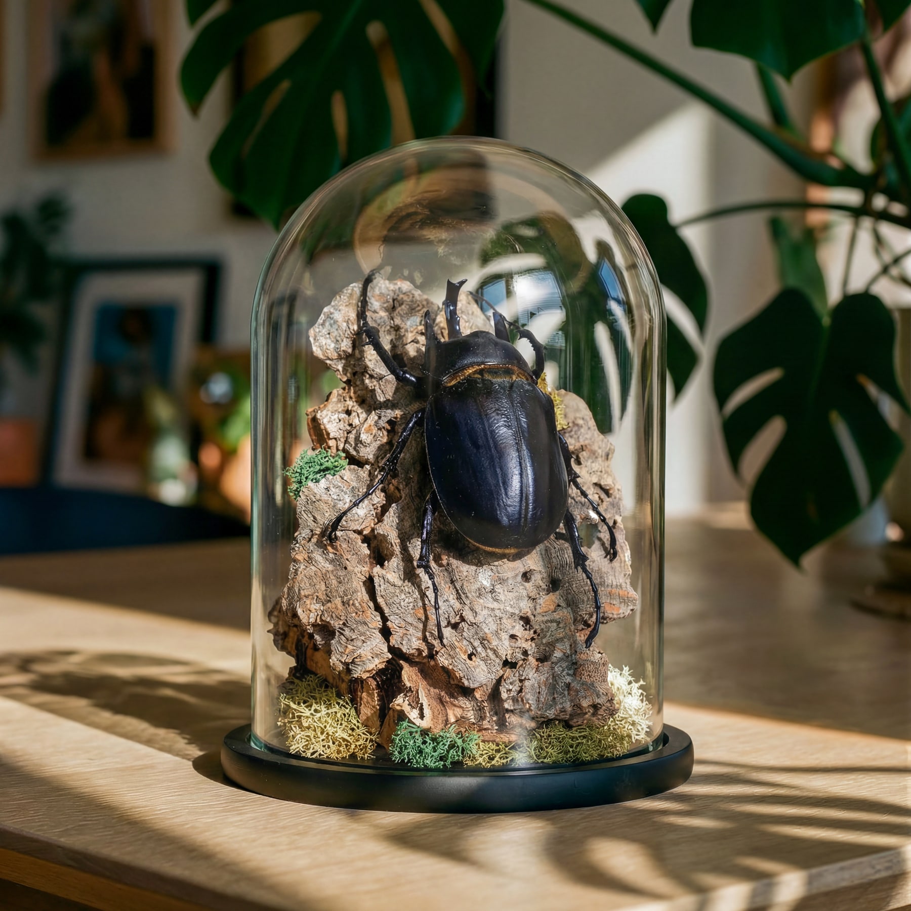 Black Rhinoceros Beetle Still Life In Glass Dome (Megasoma actaeon) Minibeast Black Rhinoceros Beetle Still Life In Glass Dome (Megasoma actaeon)
