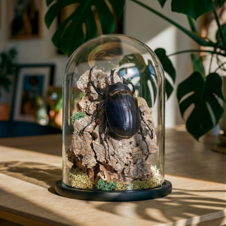 Black Rhinoceros Beetle Still Life In Glass Dome (Megasoma actaeon)