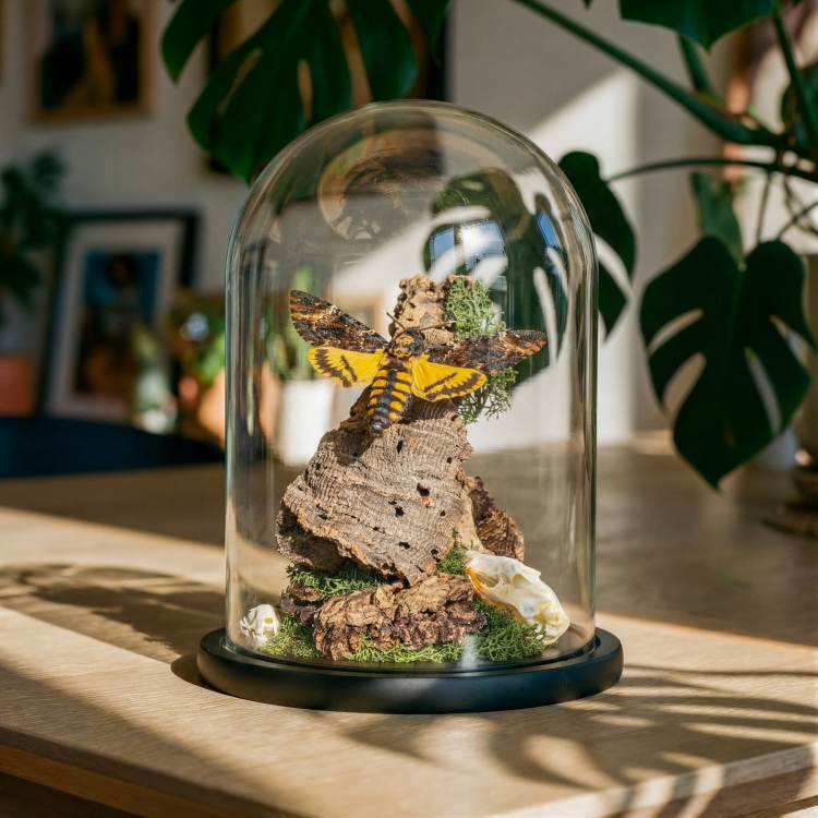 Death's Head Hawk Moth Still Life In Glass Dome (Acherontia atropos)