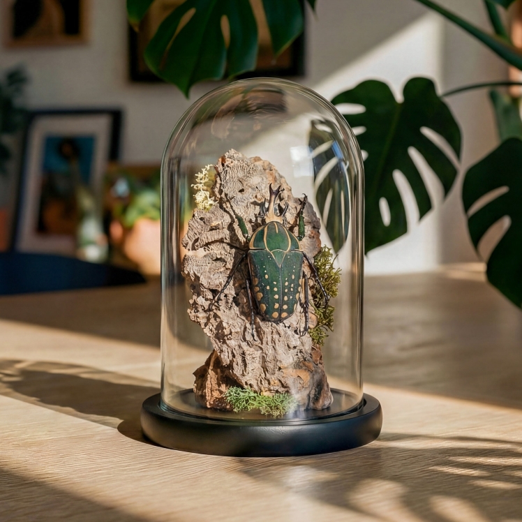African Flower Beetle Still Life Glass Dome - See Description (Mecynorhina torquata ugandensis)