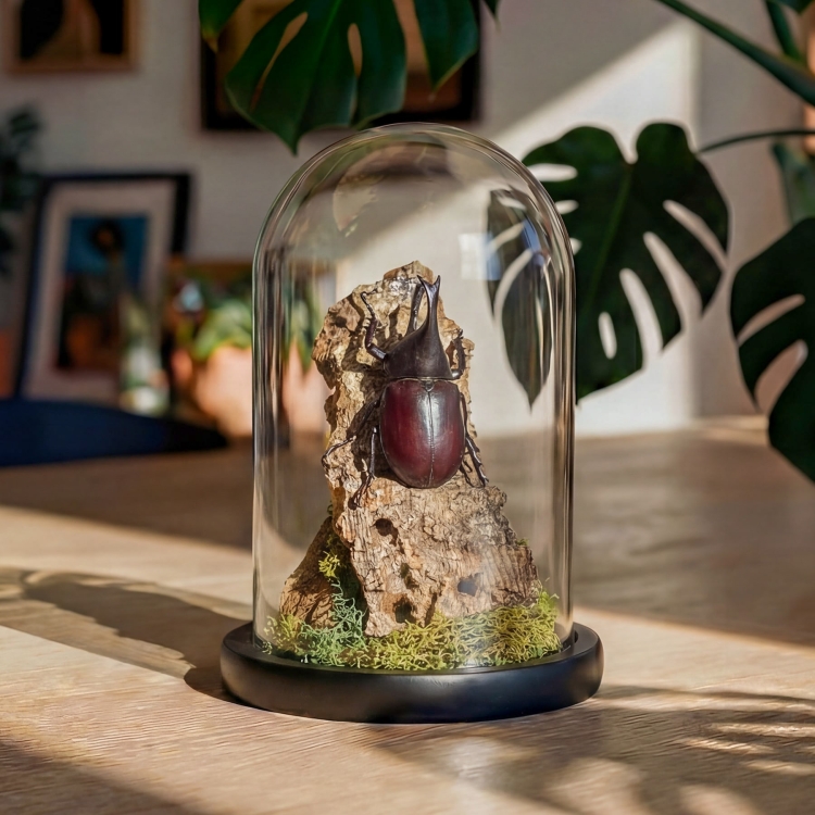 Brown Rhino Beetle Still Life Glass Dome (Xylotrupes gideon)