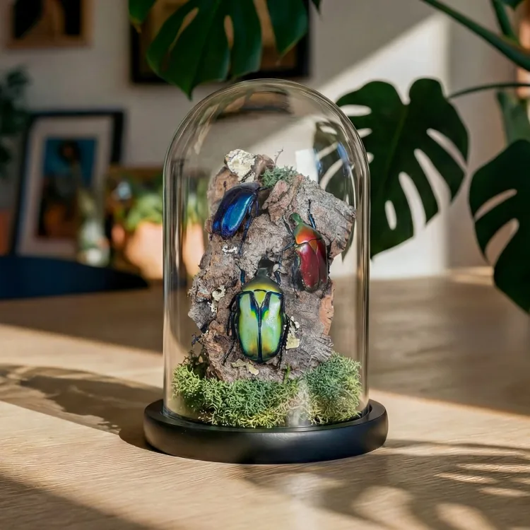 Flower Beetle Rainbow Trio Still Life Glass Dome