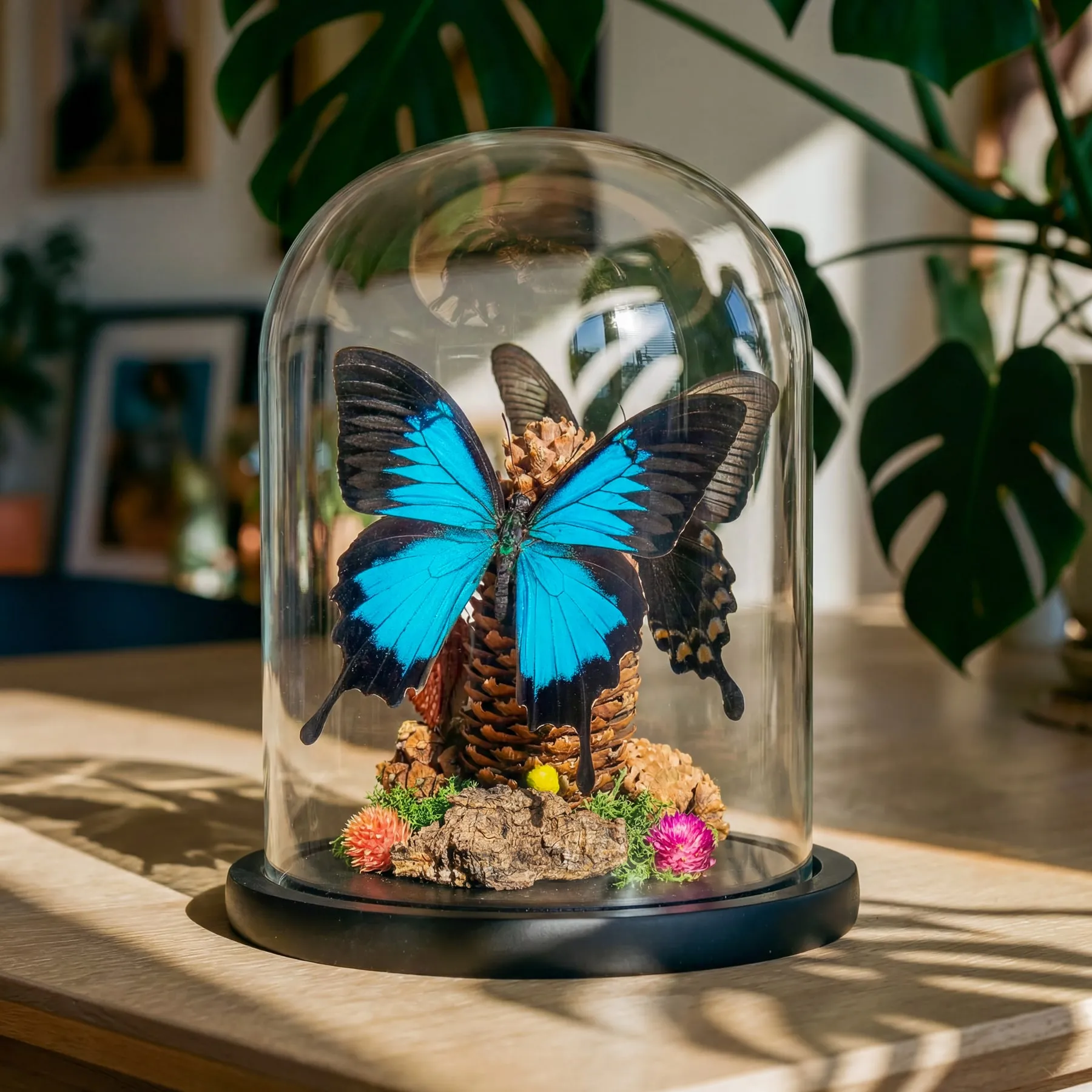Minibeast Mariposas Papilio en campana de vidrio con escena de naturaleza muerta (Papilio Ulysses y Blumei)