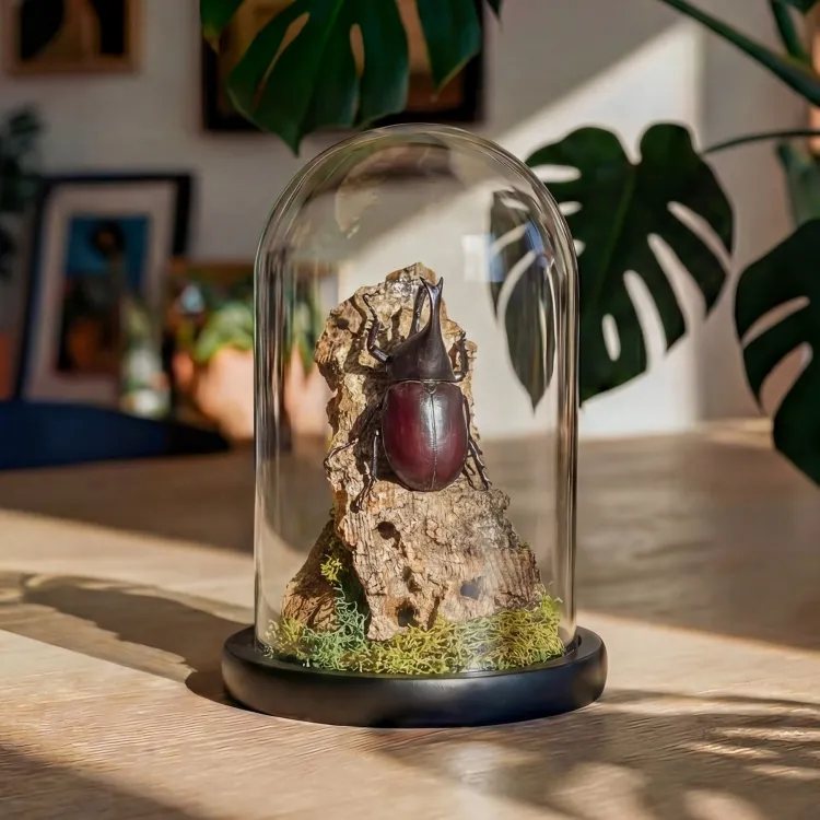 Brown Rhino Beetle Still Life Glass Dome (Xylotrupes gideon)