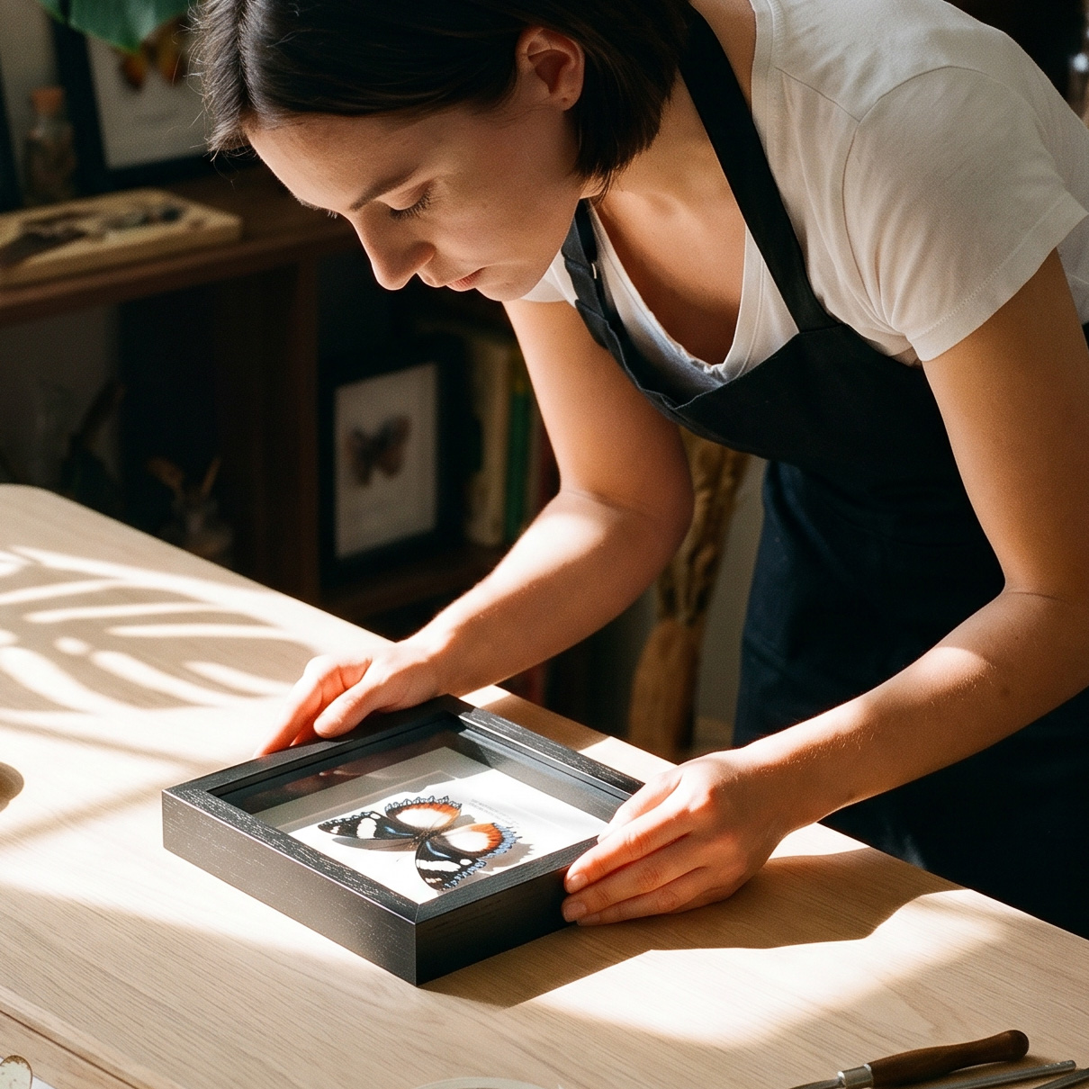 Maker examining a framed butterfly specimen in the Minibeast workshop