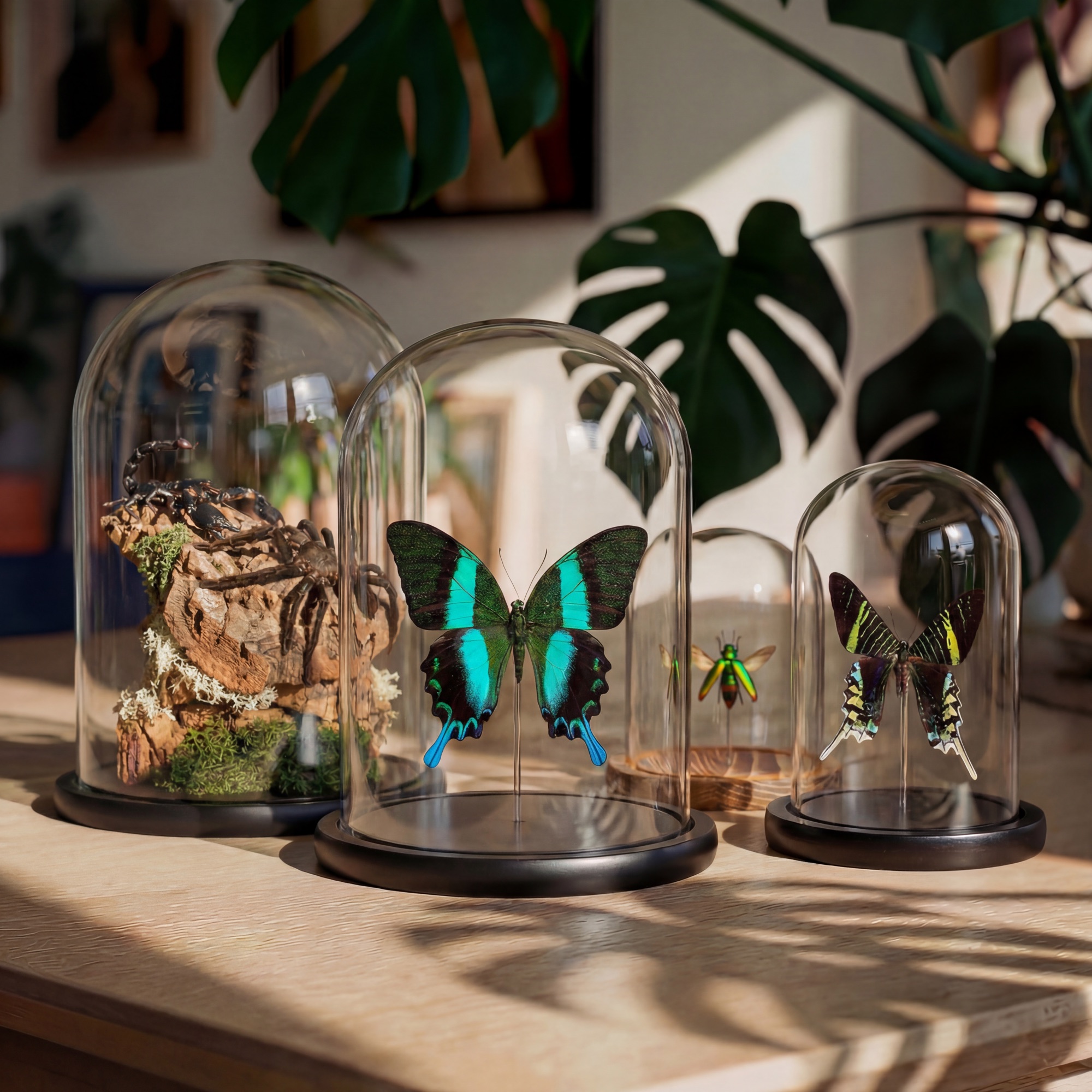 Glass display domes with preserved butterflies and arachnids on a wooden table