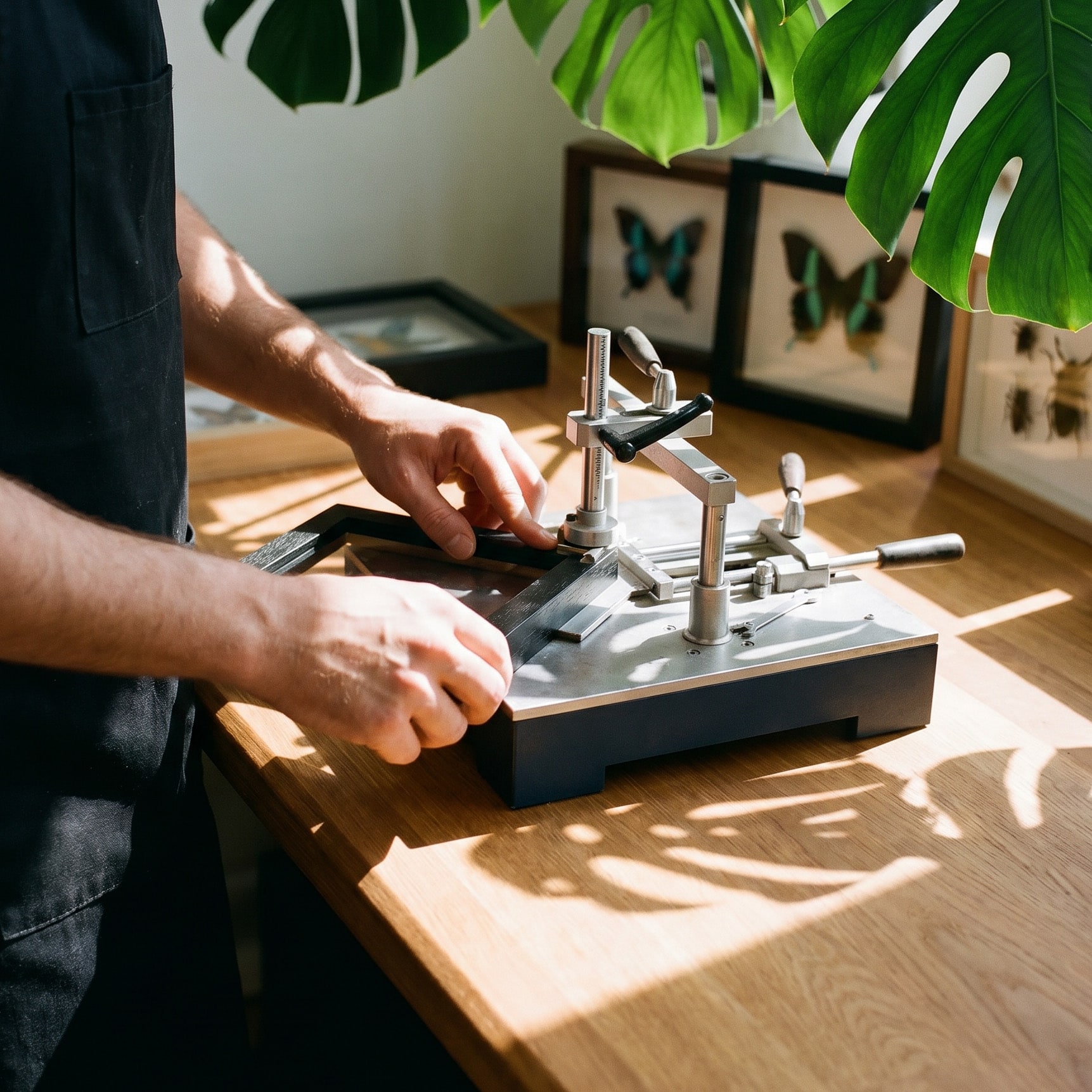Maker examining a framed butterfly specimen in the Minibeast workshop